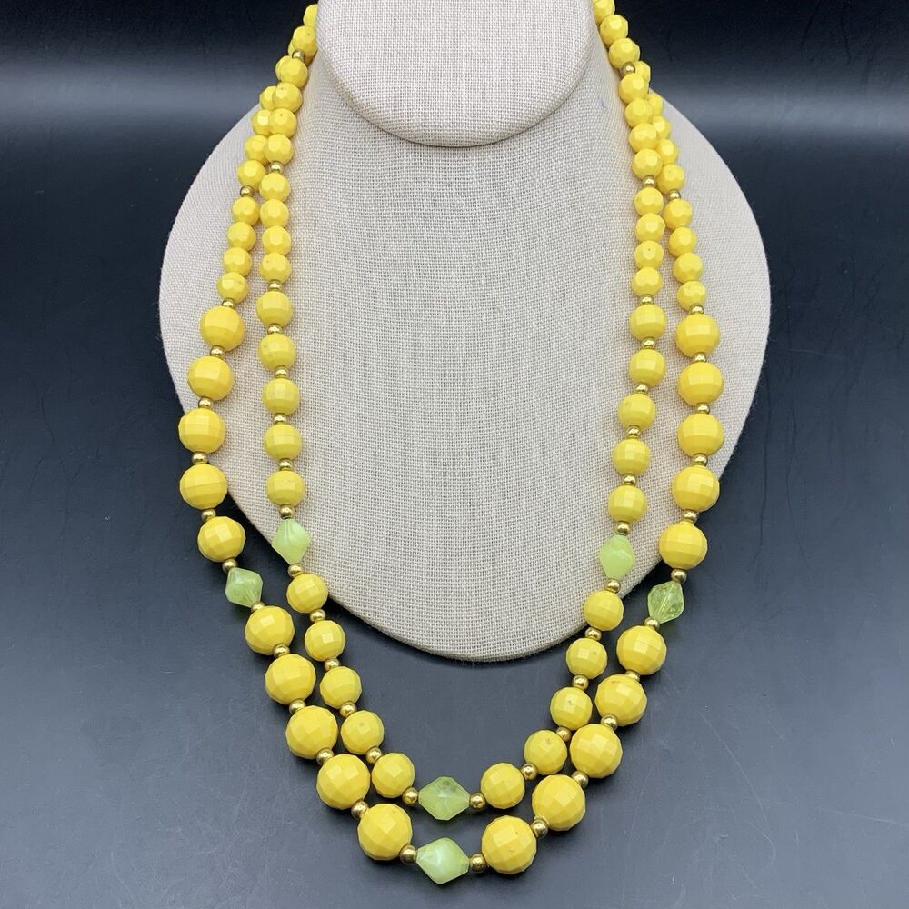 Yellow Multi Strand Beaded Necklace Green Accents 1950s 1960s Vintage